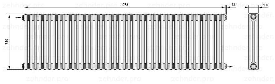 Схема (чертеж) Радиатор Zehnder Charleston 3075/43 №1670 Белый глянцевый RAL 9016